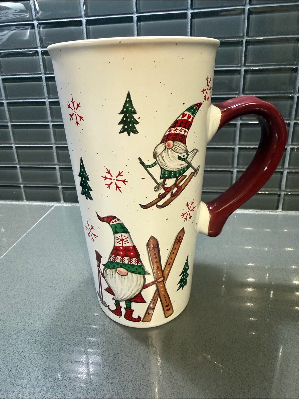 Festive Skiing Gnome Ceramic Mug - Red Handle